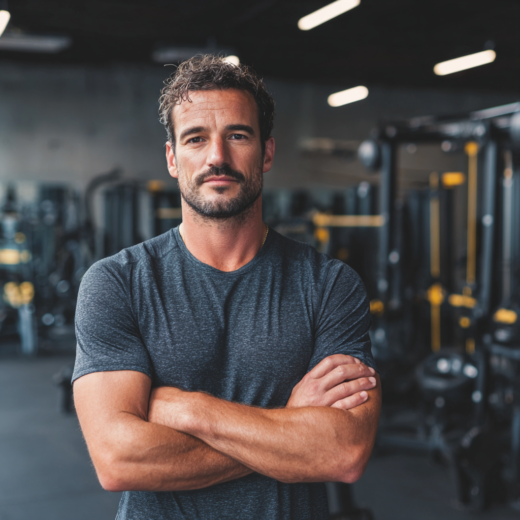 Confident man in modern gym setting showcasing strength and determination